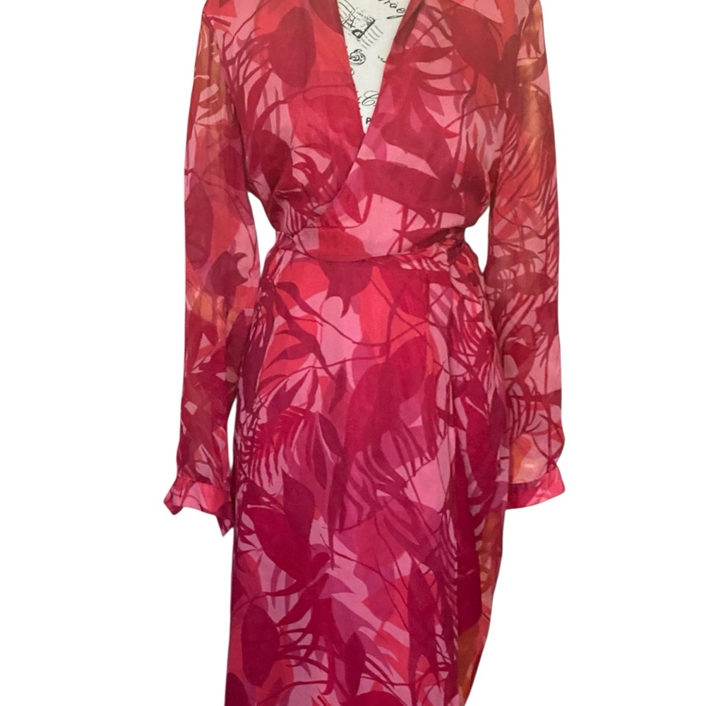 Ice Pink and Red Floral Long-Sleeve Wrap Dress